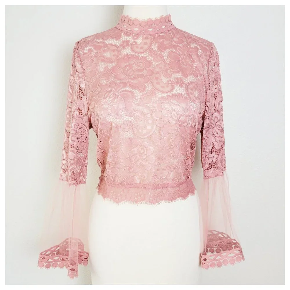 Love University Crop Top Blush Rose Sheer Lace Bell Sleeve Mock Neck Zip Back - Picture 7 of 12